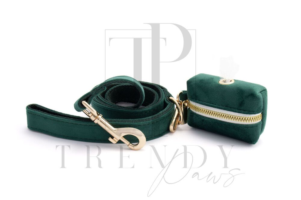 Green velvet dog leashes and poop bags