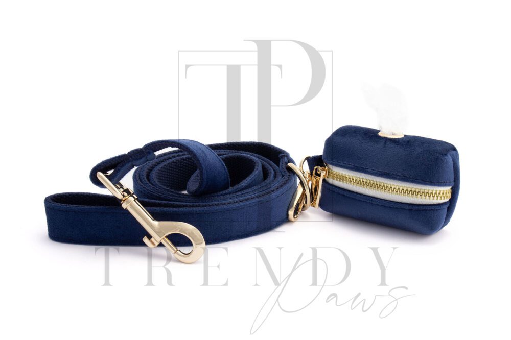 Blue velvet dog leashes and poop bags