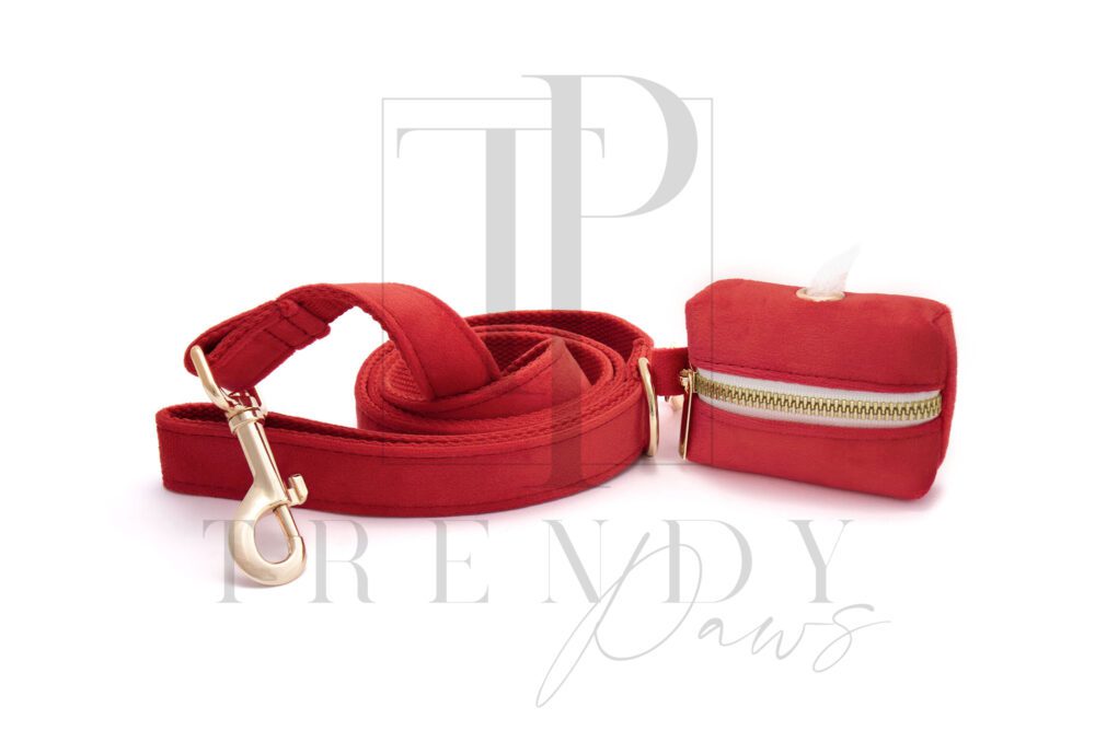 Red velvet dog leashes and poop bags