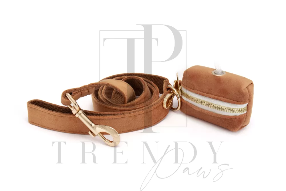 Trendy paws caramel velvet dog leash and poop bag